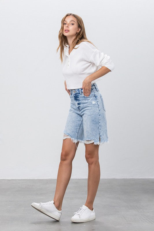 High Rise Frayed Hem Bermuda Denim Shorts