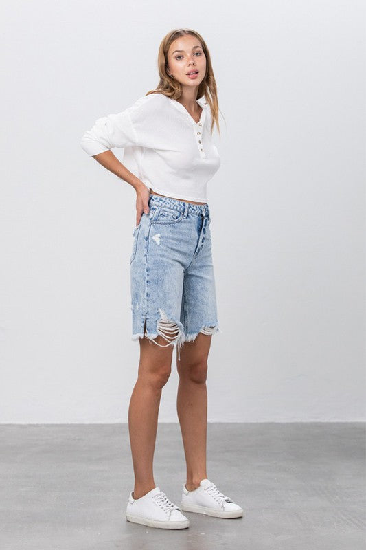 High Rise Frayed Hem Bermuda Denim Shorts