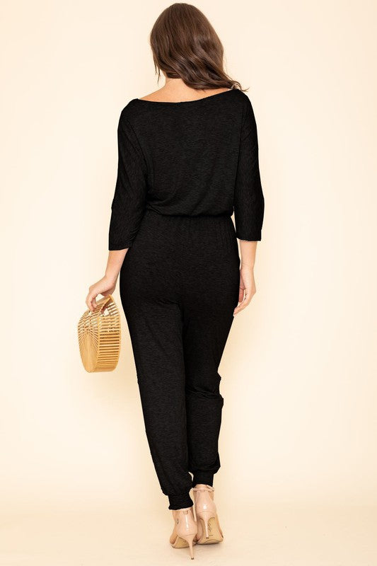 Quarter Sleeve Boat Neck Blouson Jumpsuit