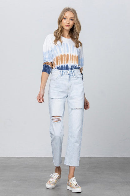 High Waist Ripped Raw Hem Crop Straight Jeans