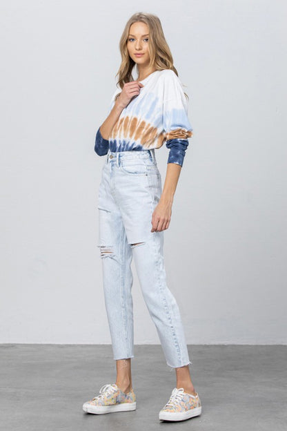 High Waist Ripped Raw Hem Crop Straight Jeans