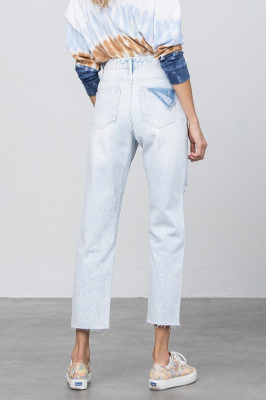 High Waist Ripped Raw Hem Crop Straight Jeans