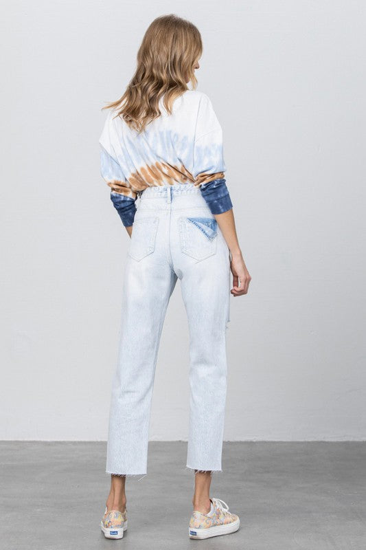 High Waist Ripped Raw Hem Crop Straight Jeans