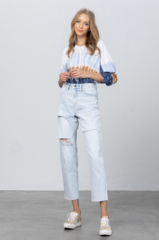 High Waist Ripped Raw Hem Crop Straight Jeans