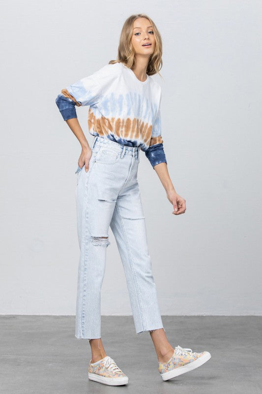 High Waist Ripped Raw Hem Crop Straight Jeans