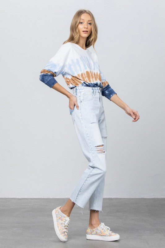 High Waist Ripped Raw Hem Crop Straight Jeans