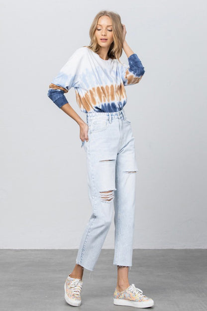 High Waist Ripped Raw Hem Crop Straight Jeans