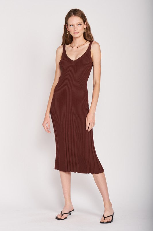 V NECK RIBBED MIDI DRESS WITH OPEN BACK