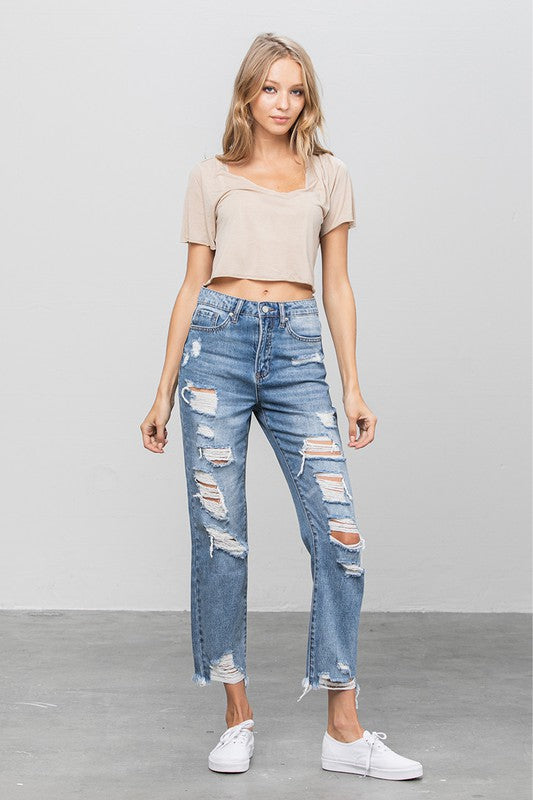 High Waist Ripped Raw Hem Girlfriend Jeans