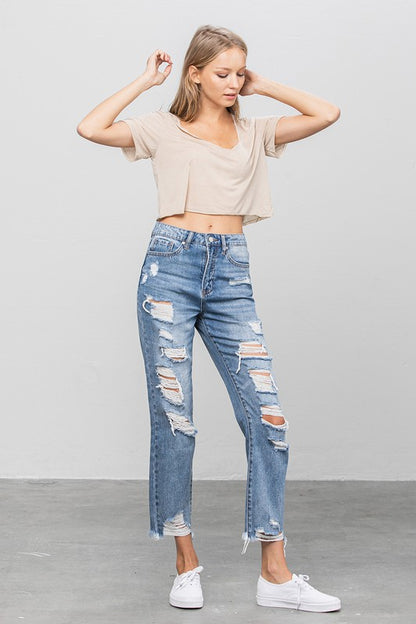 High Waist Ripped Raw Hem Girlfriend Jeans