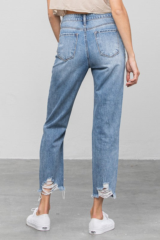 High Waist Ripped Raw Hem Girlfriend Jeans