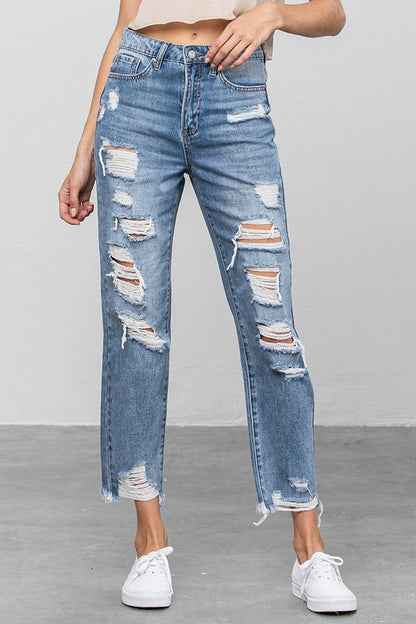 High Waist Ripped Raw Hem Girlfriend Jeans