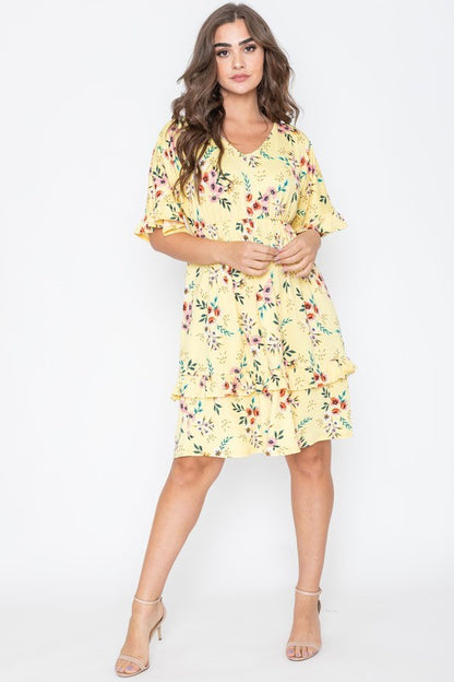 Floral V Neck Ruffle Dress