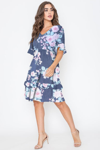 Floral V Neck Ruffle Dress