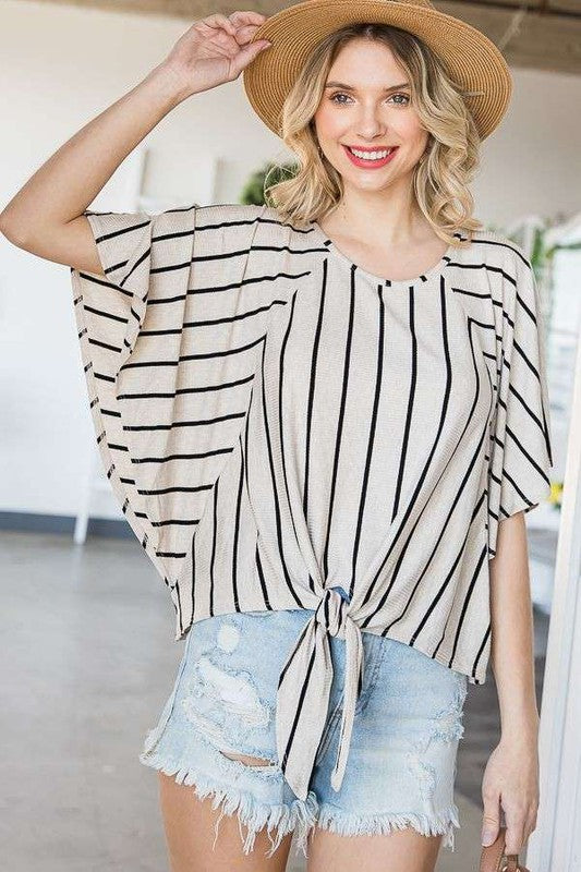 STRIPE PRINT TIE HEM ROUND NECK CAPE SLEEVE TOP