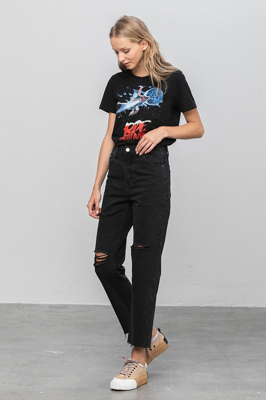 High Waist Ripped Raw Hem Crop Straight Jeans