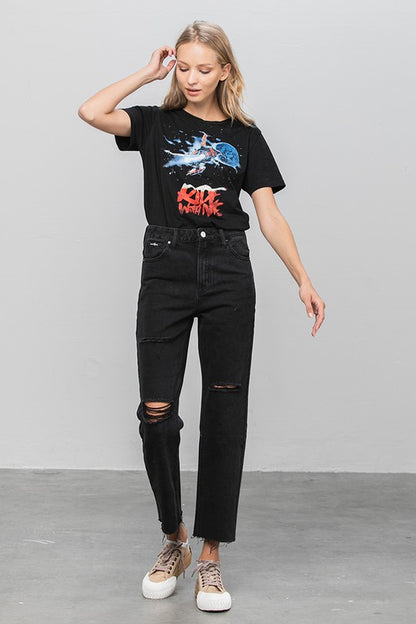 High Waist Ripped Raw Hem Crop Straight Jeans