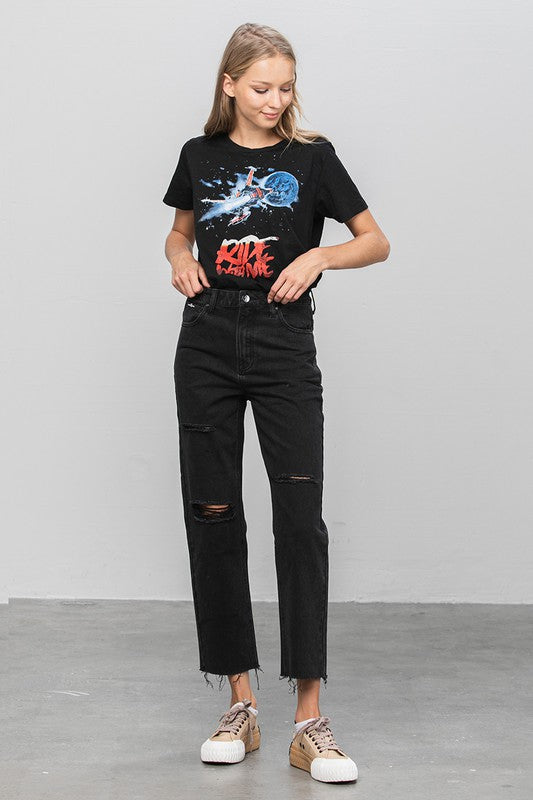 High Waist Ripped Raw Hem Crop Straight Jeans