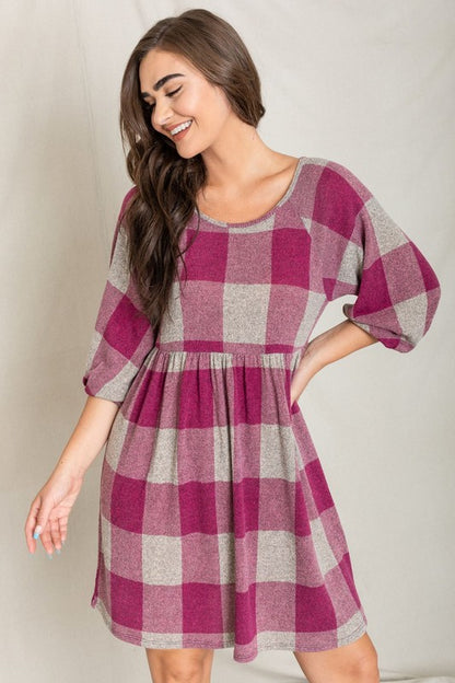 Checker Balloon Sleeve Midi Dress