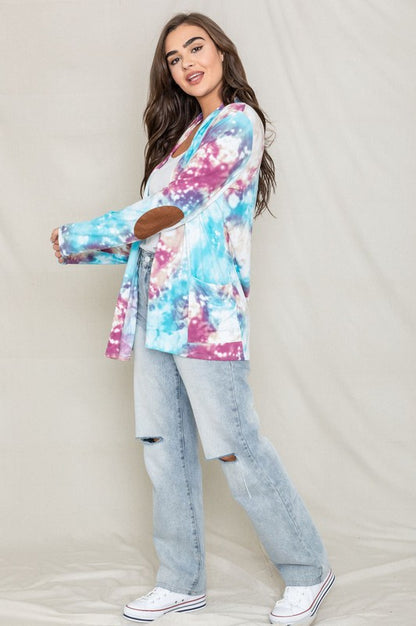 Tie Dye Elbow Patch Open Cardigan