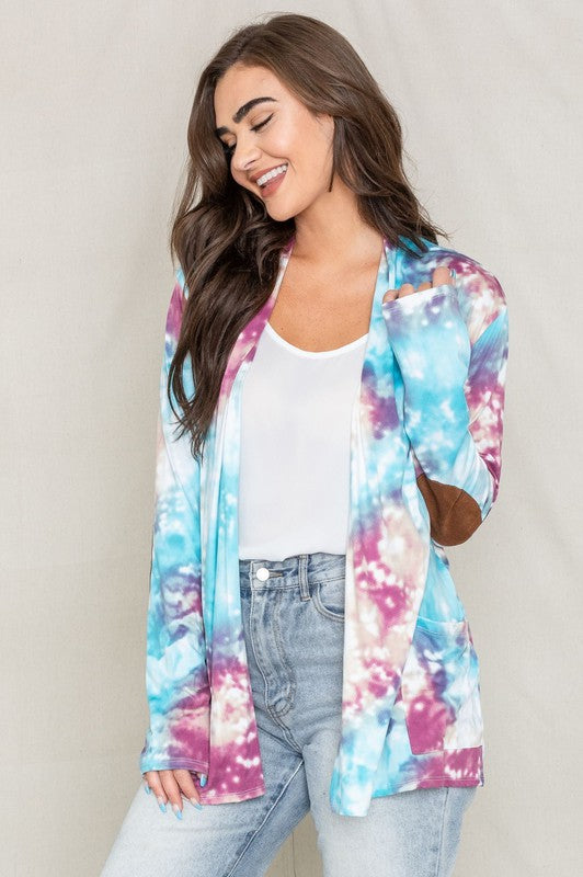 Tie Dye Elbow Patch Open Cardigan