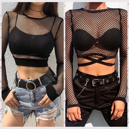 Women Clothing Sexy Grid See through Women Tops Long Sleeve Tight T shirt Ladies