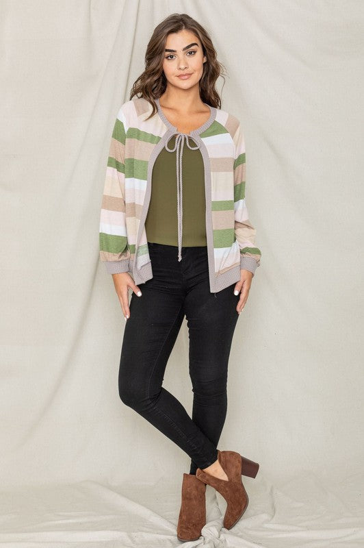 Multi Color Stripe Waffle Trim Open Cardigan