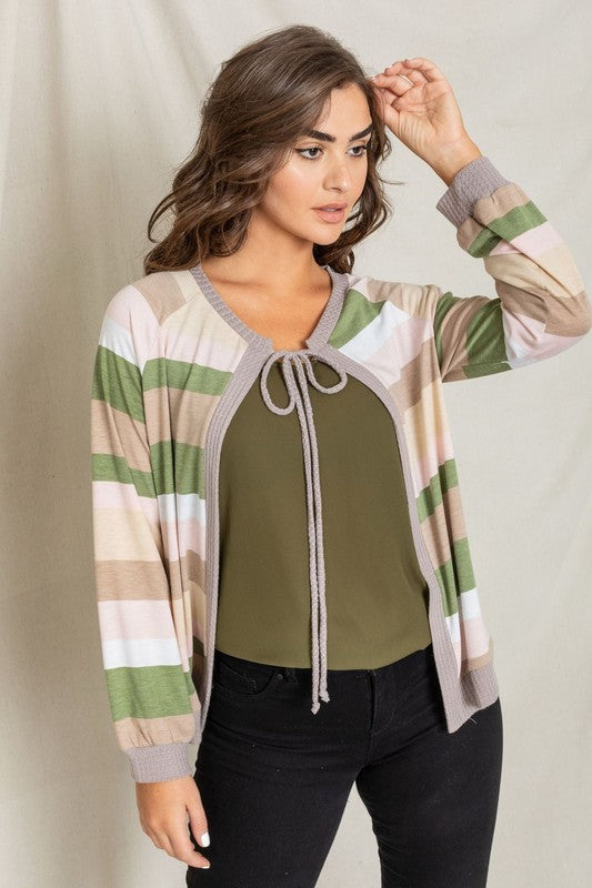 Multi Color Stripe Waffle Trim Open Cardigan