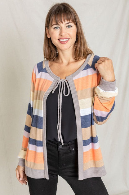 Multi Color Stripe Waffle Trim Open Cardigan