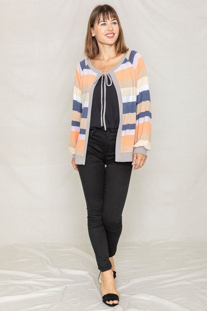 Multi Color Stripe Waffle Trim Open Cardigan