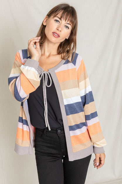 Multi Color Stripe Waffle Trim Open Cardigan