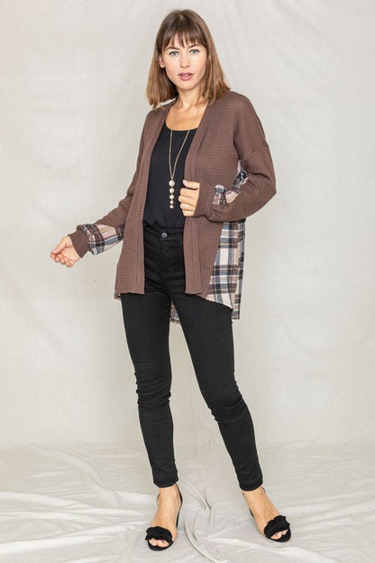 Plaid Back Waffle Knit  Cardigan