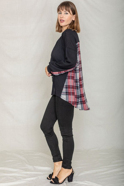 Plaid Back Waffle Knit  Cardigan