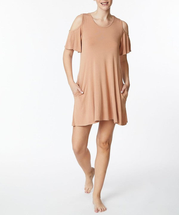 BAMBOO COLD SHOULDER FLARE DRESS