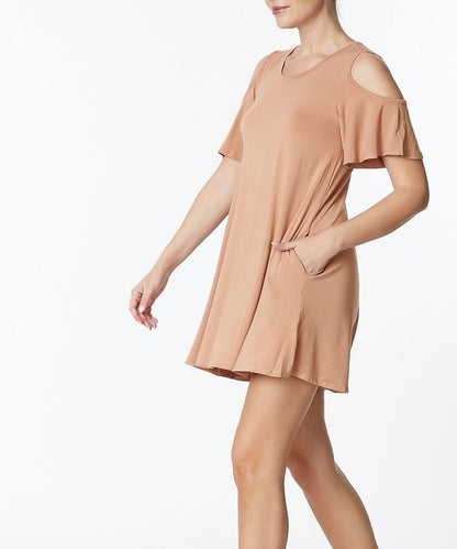 BAMBOO COLD SHOULDER FLARE DRESS