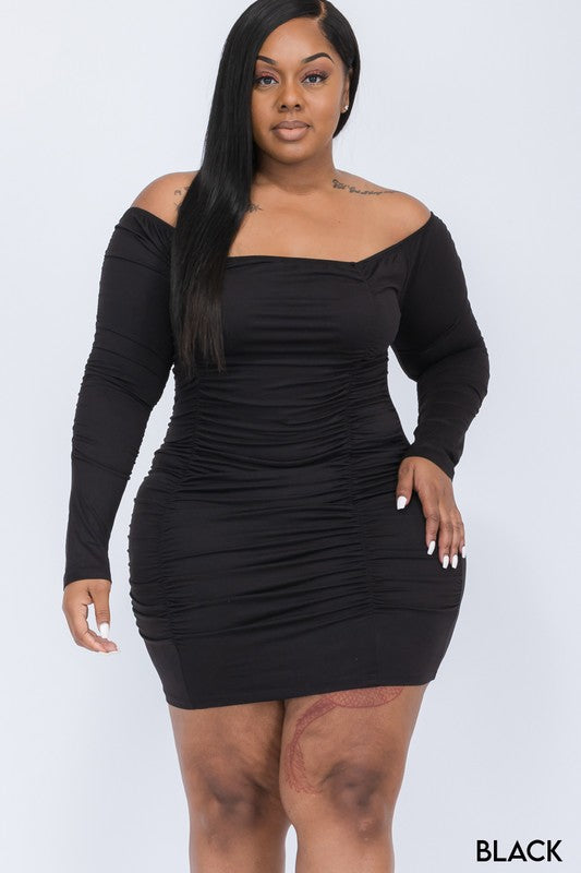 Plus Size Off Shoulder Ruched Long Sleeve Dress