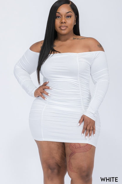 Plus Size Off Shoulder Ruched Long Sleeve Dress