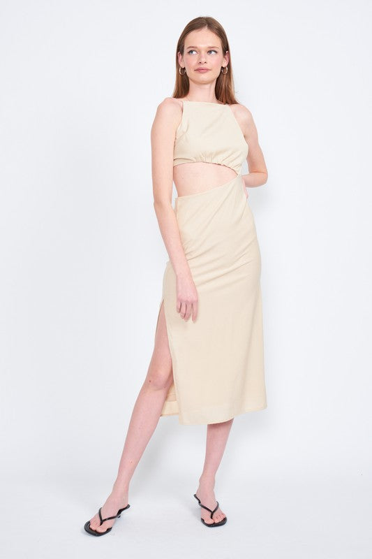 SPAGHETTI STRAP MIDI DRESS WITH WAIST CUT OUT