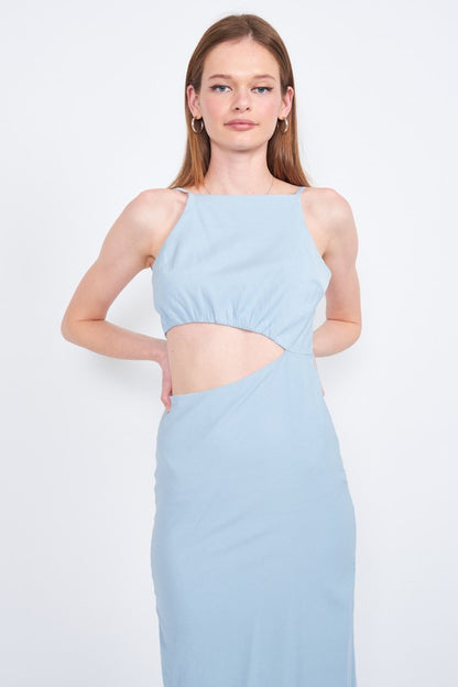 SPAGHETTI STRAP MIDI DRESS WITH WAIST CUT OUT