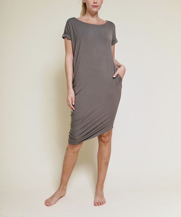 BAMBOO ASYMMETRIC DOLMAN DRESS WITH POCKETS