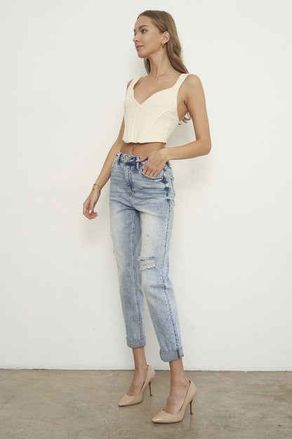 High Rise Ripped Girlfriend Jeans