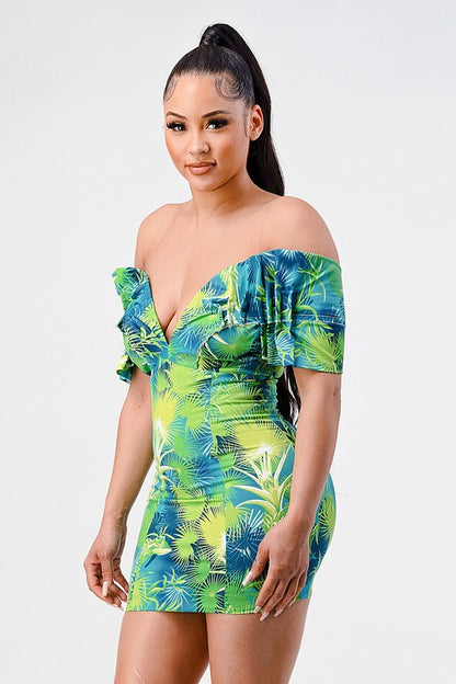 Neon garden off shoulder fitted mini dress