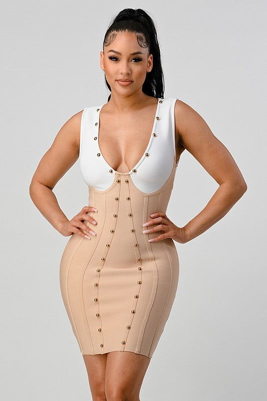 Stunning beads contrast color sexy bandage dress