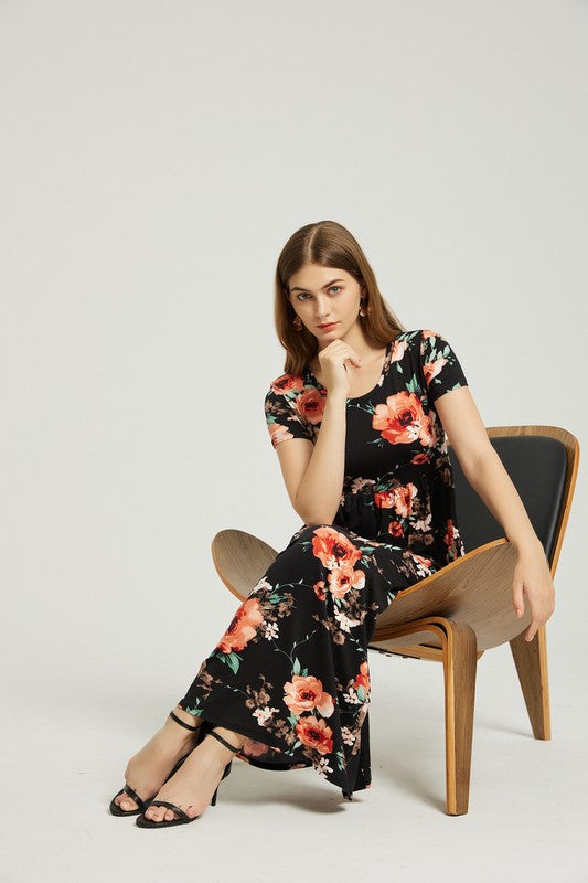 Womens Summer Casual Floral Maxi Dress With Pocket