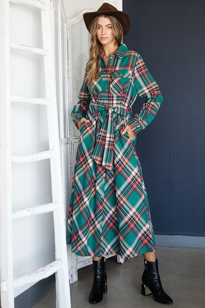 PLAID PRINT COLLAR LONG SHIRT DRESS