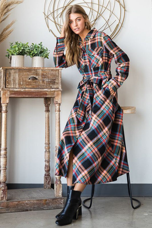 PLAID PRINT COLLAR LONG SHIRT DRESS