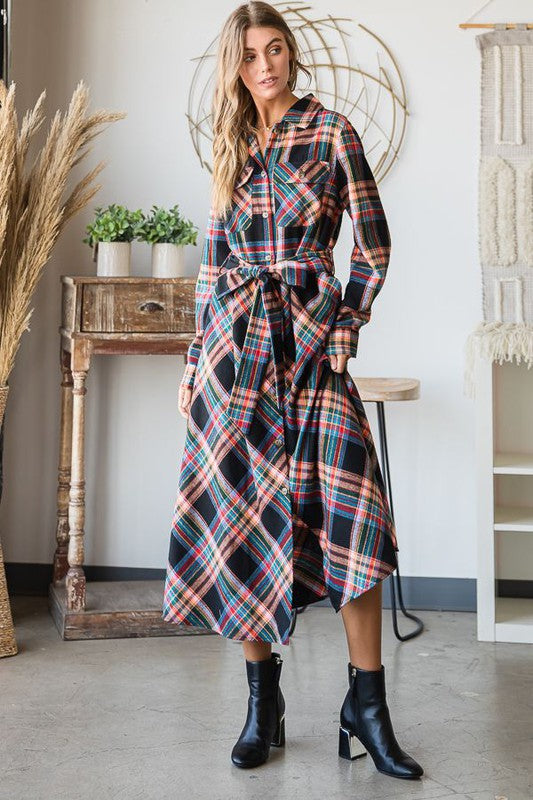 PLAID PRINT COLLAR LONG SHIRT DRESS