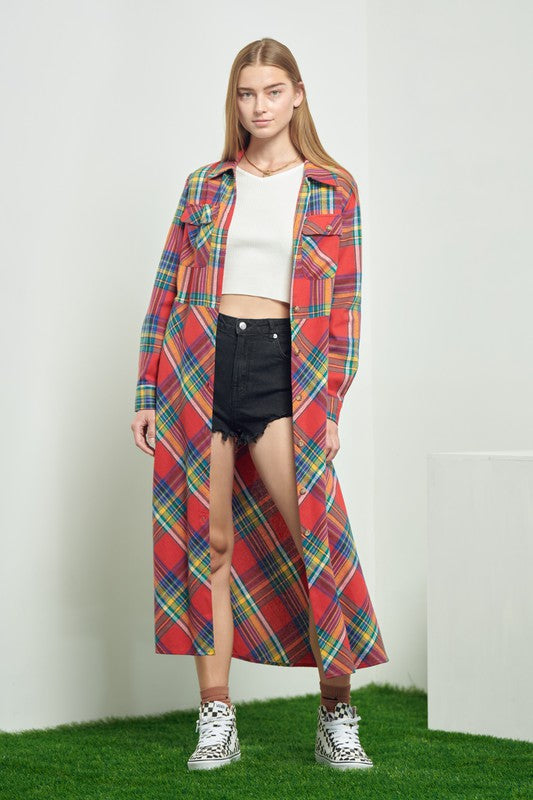 PLAID PRINT COLLAR LONG SHIRT DRESS