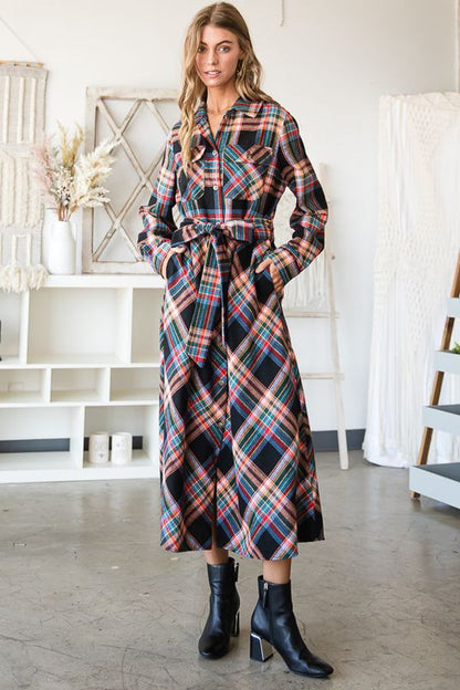 PLAID PRINT COLLAR LONG SHIRT DRESS