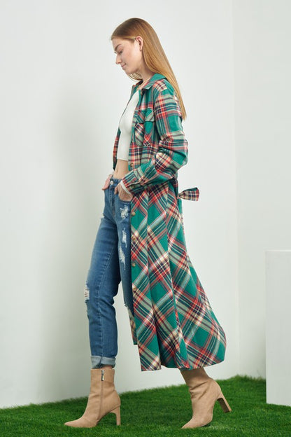 PLAID PRINT COLLAR LONG SHIRT DRESS